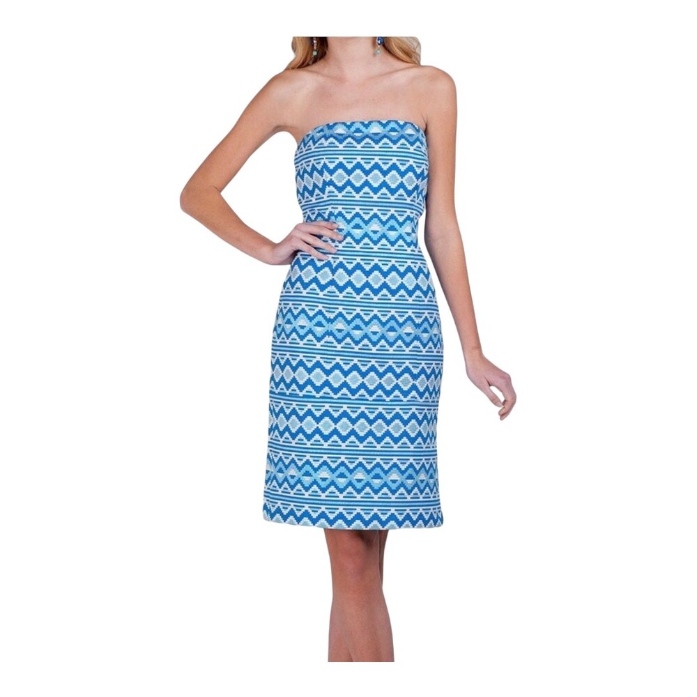 Belle Badgley Mischka Blue White Aztec Pattern Strapless‎ Bodycon Dress Size 8